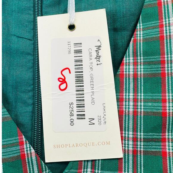 LaRoque Cara Top Peplum Puff Sleeve Blouse in Green Plaid size Medium NEW - Picture 9 of 9